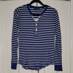 Lauren Ralph Lauren Blue and White Striped Lace-Up Long Sleeve Tee